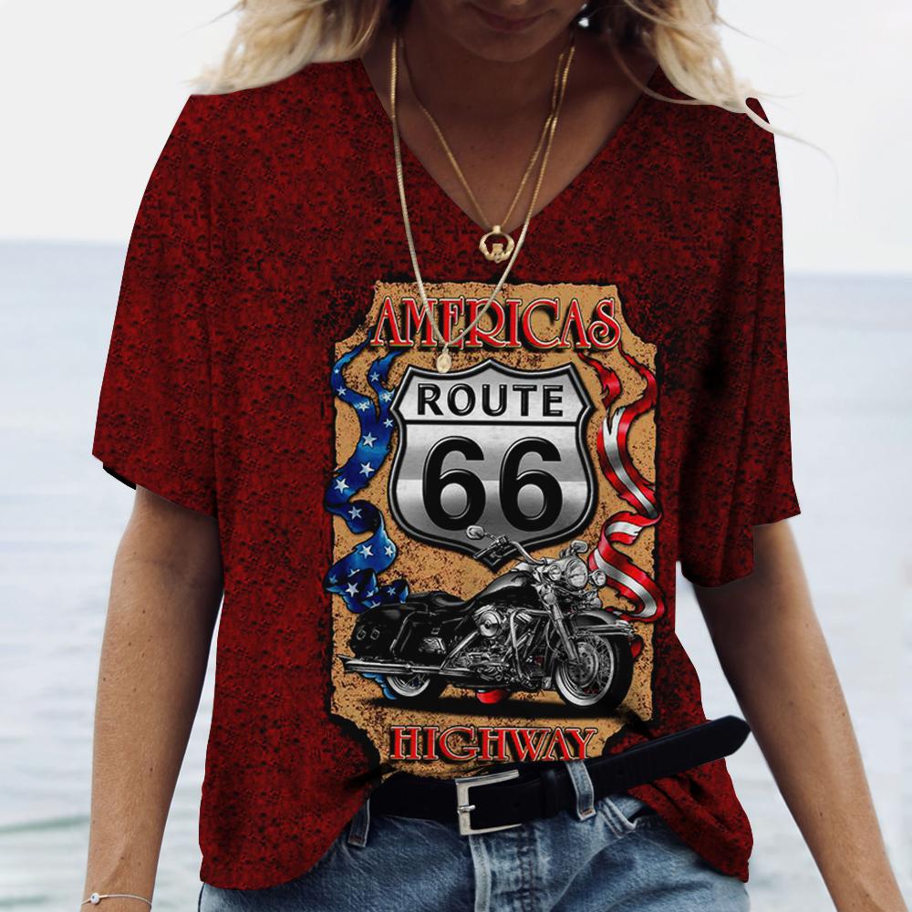 

Жіноча вінтажна футболка з принтом US 66 Route, з V-подібним вирізом, оверсайз, вуличний одяг, одяг Harajuku, жіночий повсякденний топ з коротким рукавом, футболки 3XL