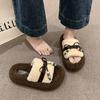 Roll thick-soled fluffy slippers outer wear 2025 autumn and winter new belt buckle bow home plush cotton slippers