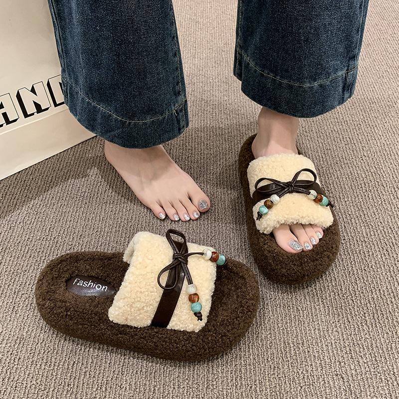 Roll thick-soled fluffy slippers outer wear 2025 autumn and winter new belt buckle bow home plush cotton slippers