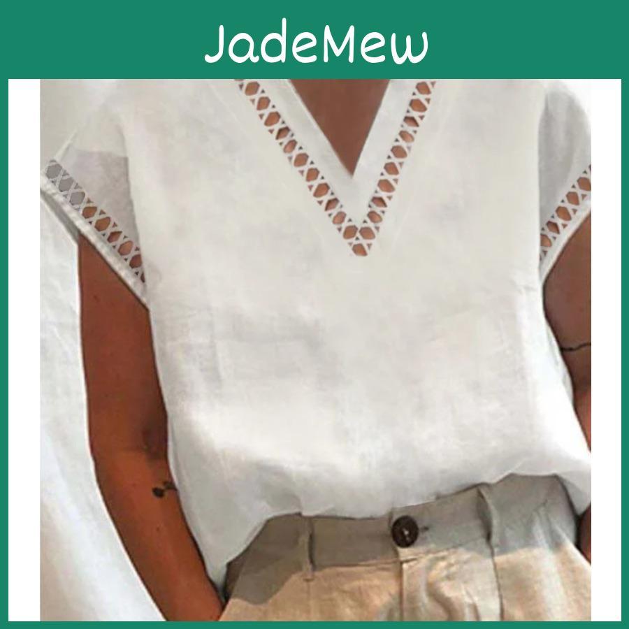 White Tops Summer Vintage Casual Women Cotton Linen Blouses Leisure V Collar Shirt
