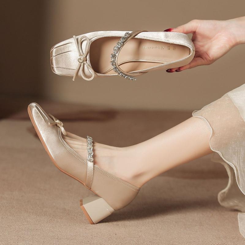 Women Comfortable High Heels Summer Chunky Heel Square Toe Bowknot Shoes for Long Standing Advanced Elegance