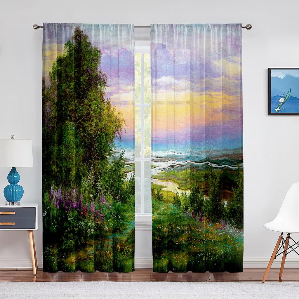 Perdele din șifon cu peisaj fantezic, perdele din tul pentru casă lângă munte și râu, pentru decorarea casei de living