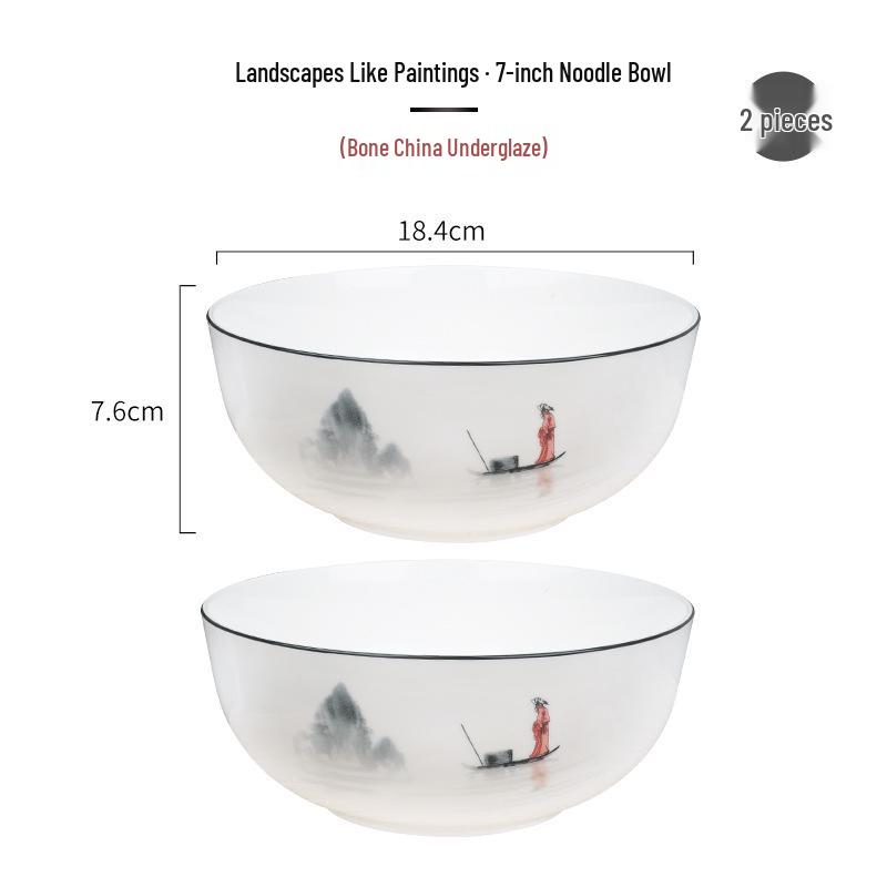 Tangshan Underglaze Ceramic Landscape Ramen Bowl Set