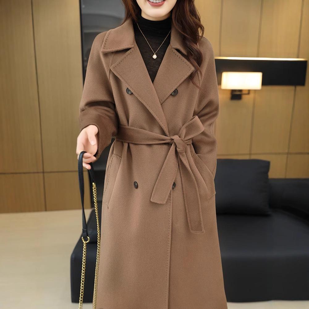 Women's Double-Breasted Wool Overcoat - Extended Trench Coat for Autumn/Winter