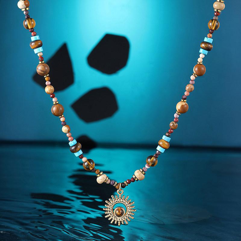 Ethnic Style Vintage Gold Necklace with Beaded Sun Pendant and Tiger Eye Stone