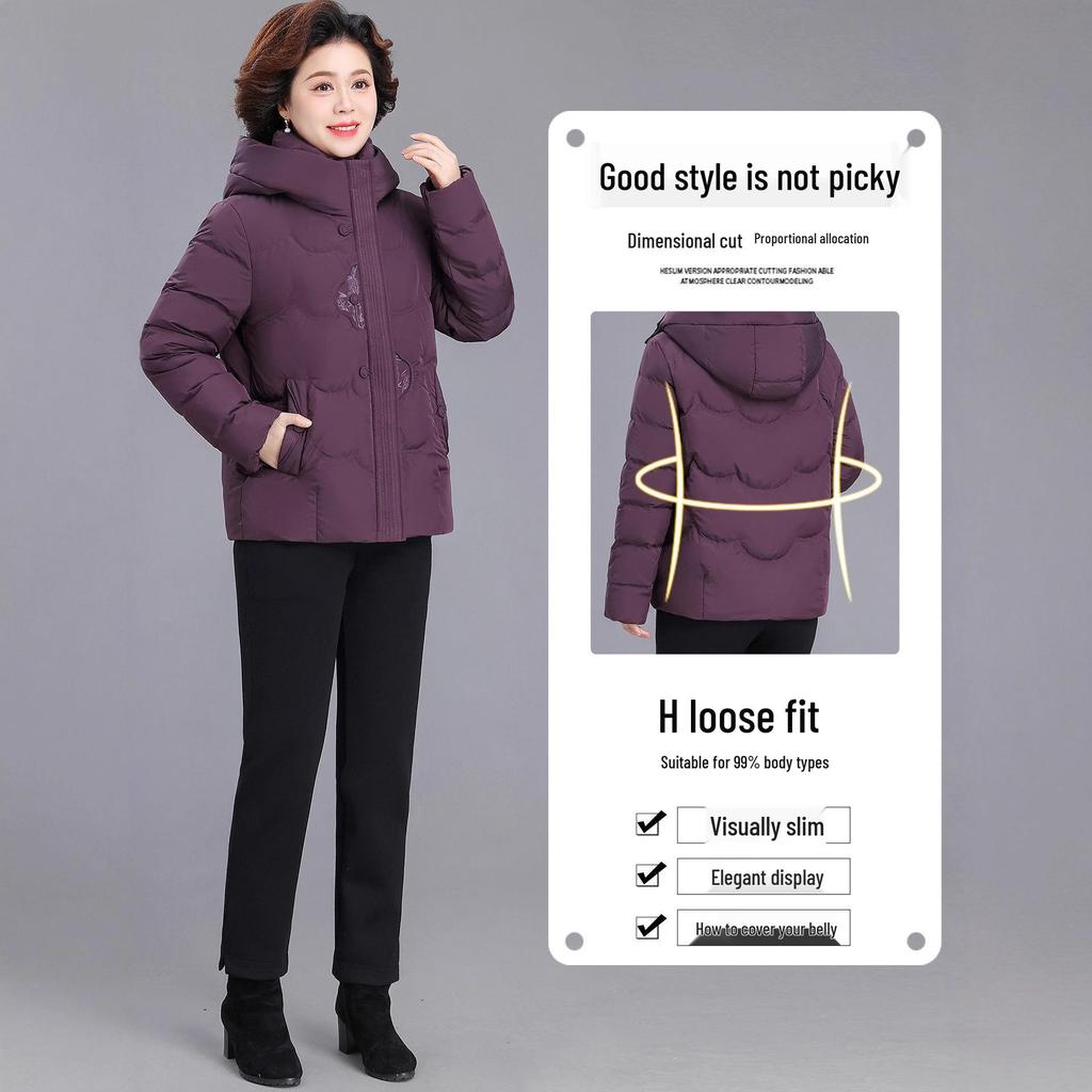 Warme Kapuzen-Daunenjacke für Damen 2025: Neue Stil Stickerei Baumwolle Winter Oberbekleidung für Mütter mittleren und höheren Alters.
