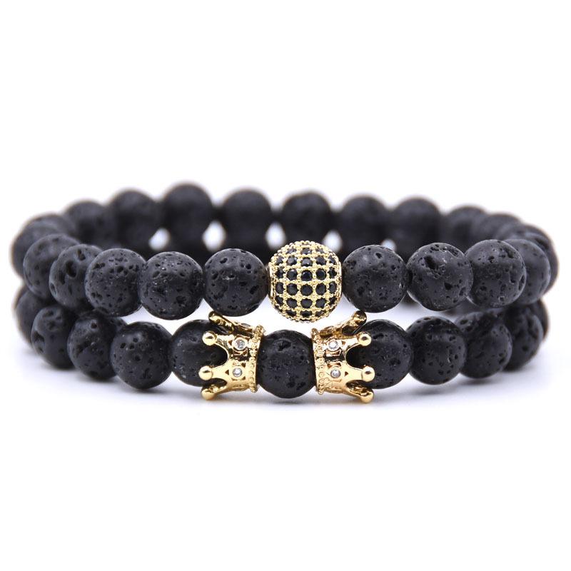 Newest Selling 2PCS Beads Natural Lava Stone Bracelets for Women Micro Pave Cz Ball Charms Bracelet Jewelry