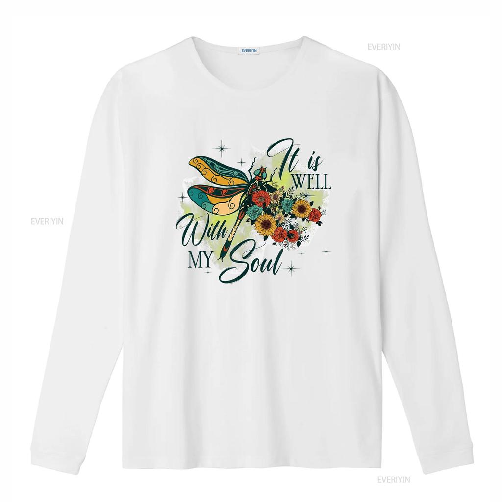 It is Well with My Soul Dragonfly Flowers Womens Summer Tops T Shirt White vintage Washed Soft Top For Everyday Wear Stretched