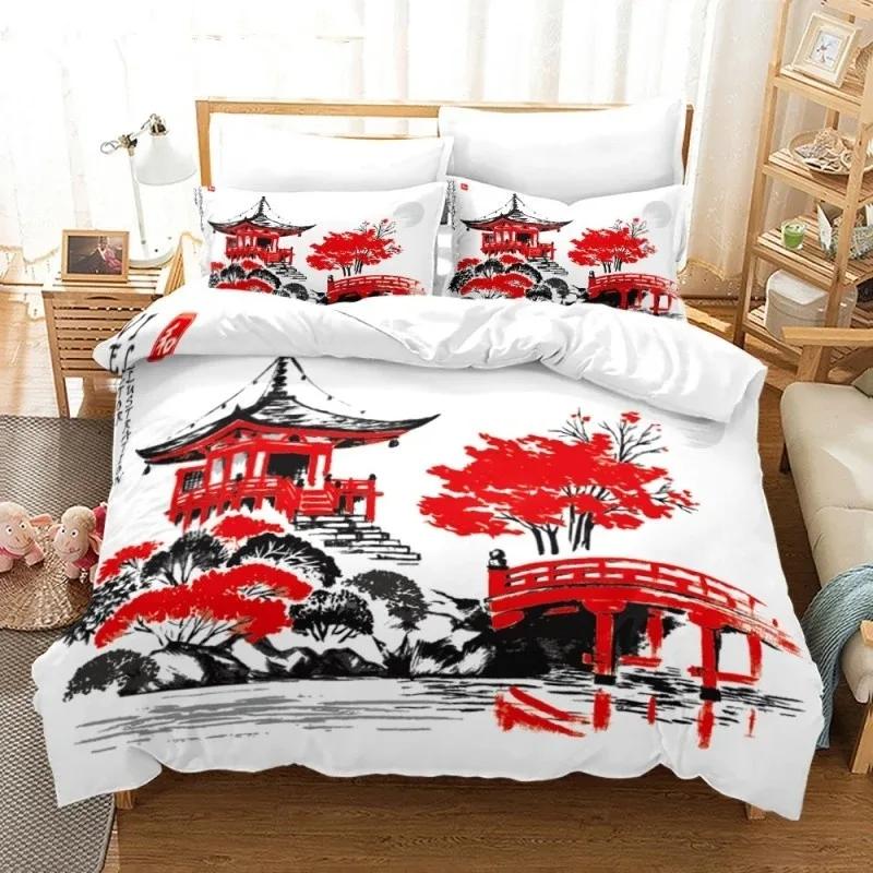 Wash Painting Bedding Set Chinese Style 3D Printed Duvet Cover With Pillowcase Ink And Wash Flower Bamboo Design Comforter Cover