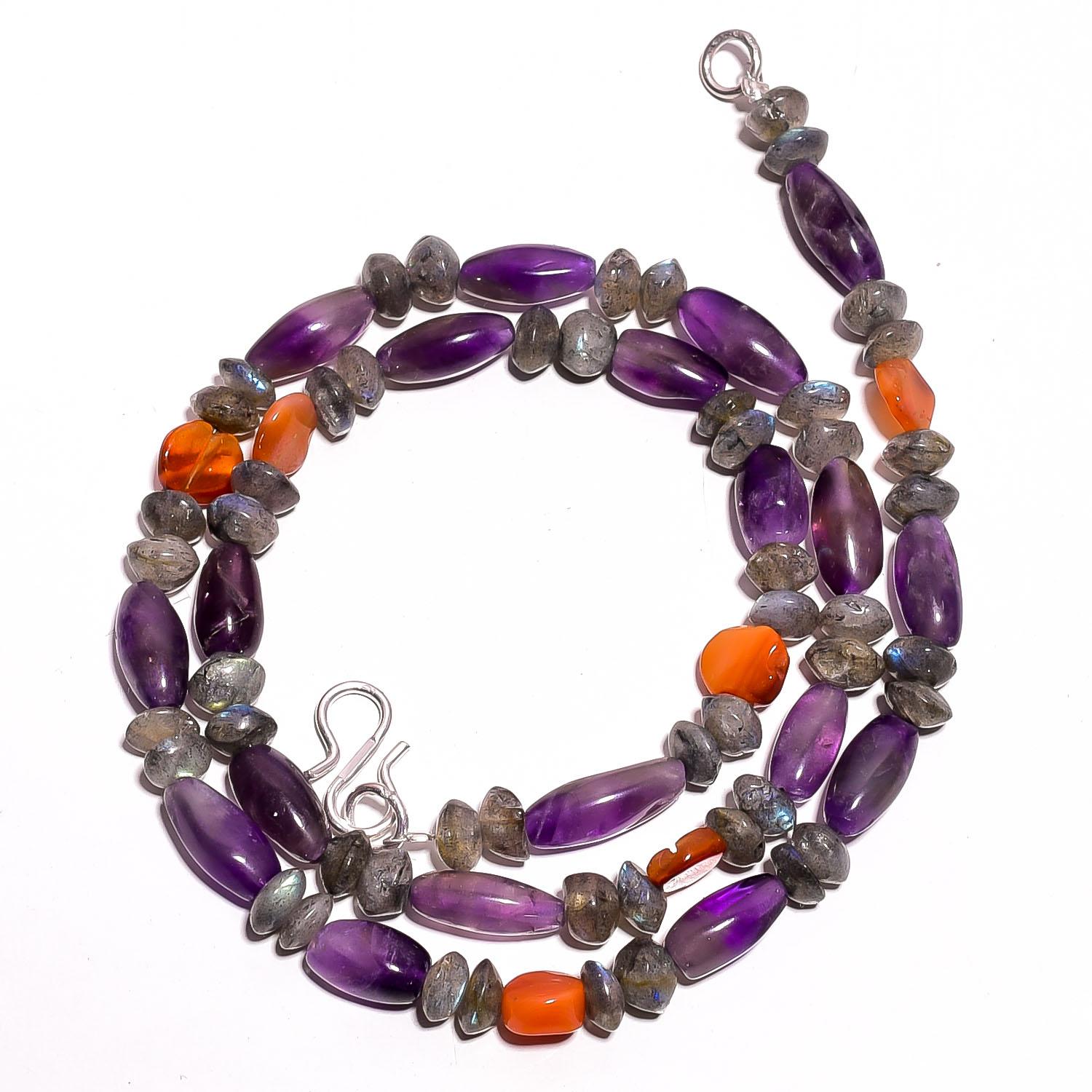 

Natural Amethyst Labradorite Carnelian Gemstone Smooth Beads Necklace 17 UB2946 UB-2946