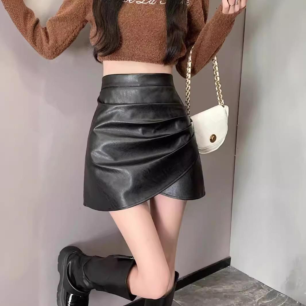 

2025 Women s High Waist Black PU Leather Pleated Mini Skirt, Anti-Exposure A-Line Bodycon for Autumn/Winter. 4XL кавовий
