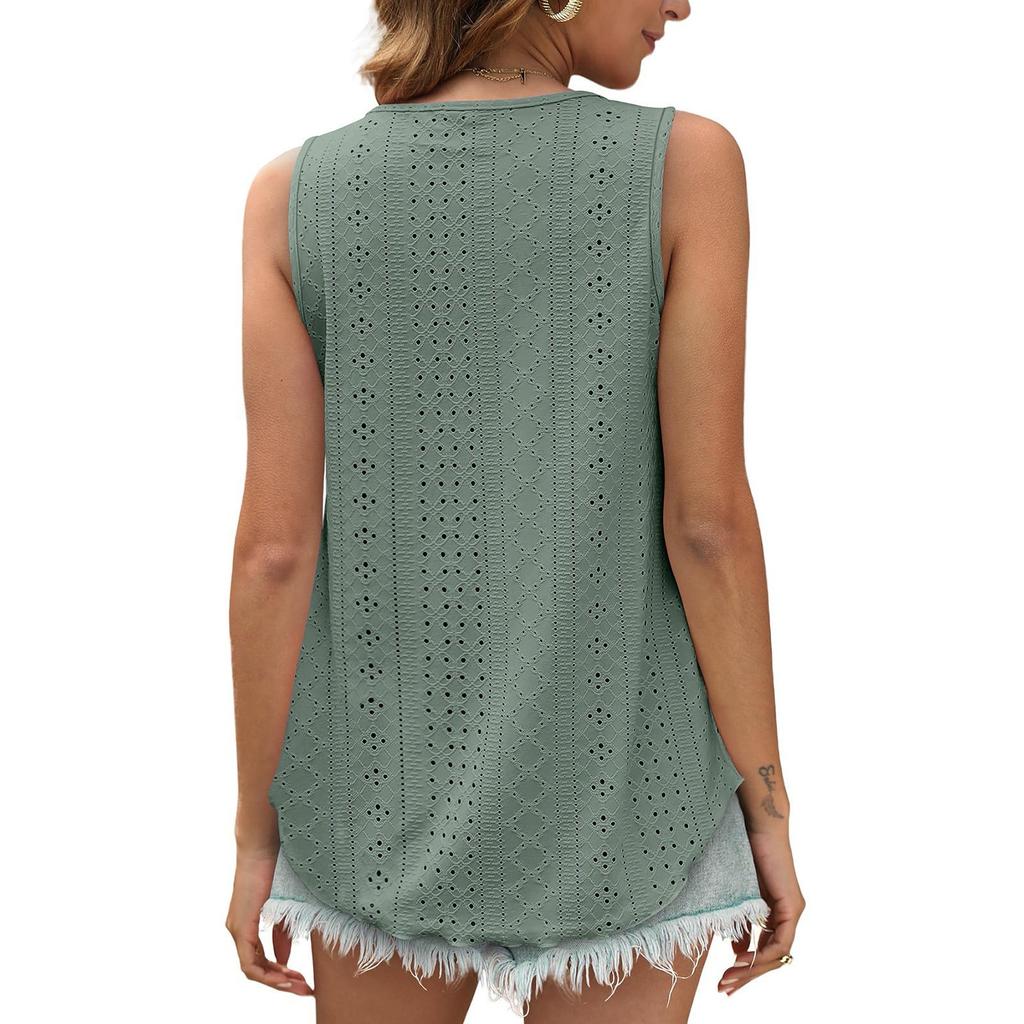 Sleeveless Eyelet Lace Tank Top for Women Casual Summer Scoop Neck Loose Fit Blouse Hollow Out Lightweight Shirt