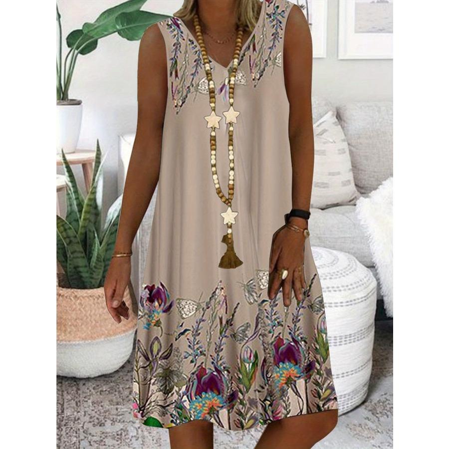 Women's Sleeveless V-neck Floral Print Leisure Holiday Long Dress Vest Skirt