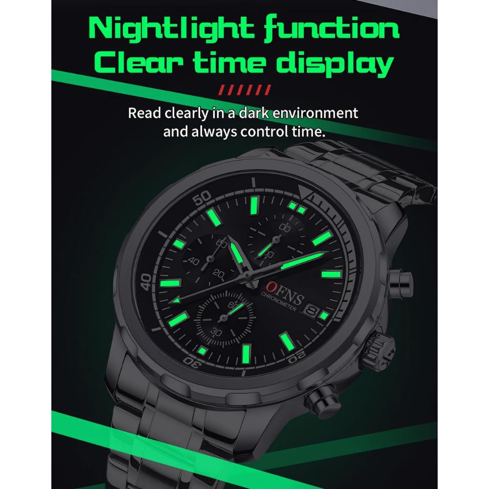 Men's Business and Leisure Watch with Three Eyes Six Needles Quartz Movement Night Light Display Waterproof Wristwatch