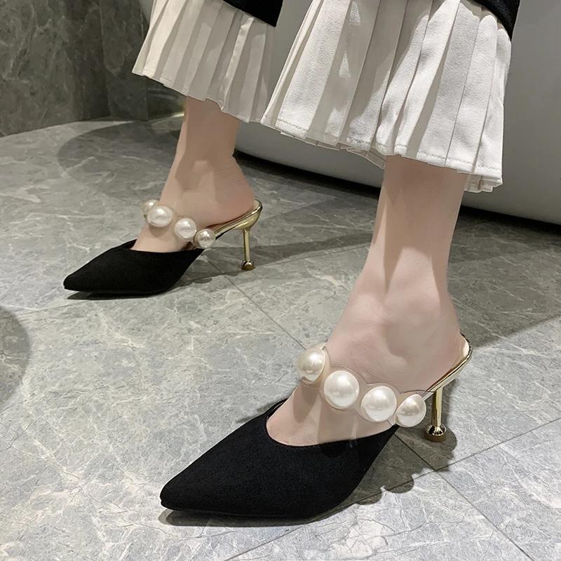 Fashion Pearl Black Sandals Women Summer Slippers Thin Heels 2025 Outdoor High Heels Pointed Toe Mules