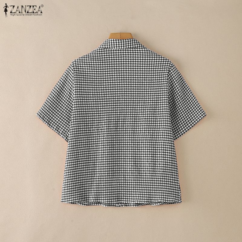 ZANZEA Women Casual Turn Down Collar Loose Short Sleeve Plaid Print Blouse