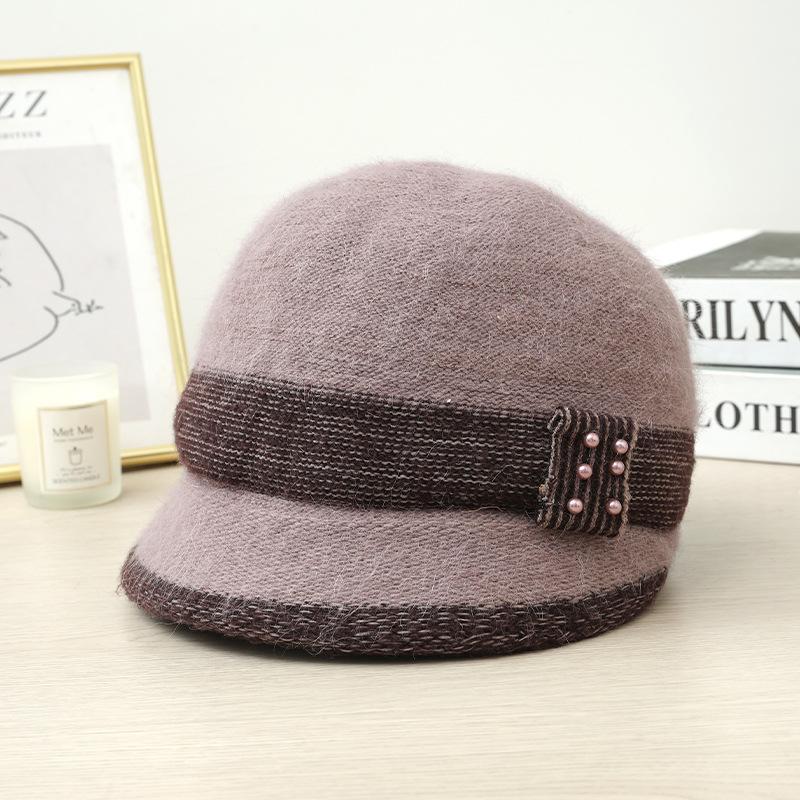 Autumn and Winter Middle Aged and Elderly Hats for Women  Pearl Ribbon and Velvet Rabbit Hair Equestrian Hat  Cold Proof and Warm Knitted Scarf Set