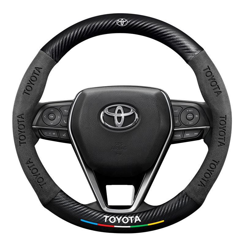Genuine Leather & Suede Carbon Fiber Steering Wheel Cover for Toyota Camry, RAV4, Highlander, and Corolla.