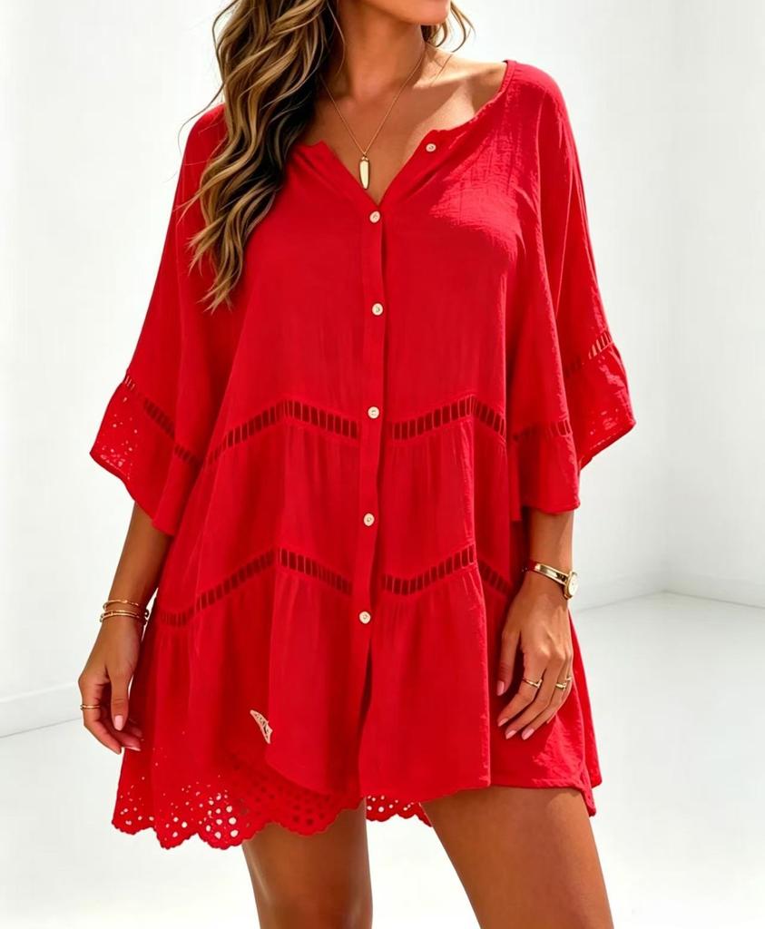 Women's V Neck Button Front Beach Cover Up Dress, Flared Three Quarter Sleeve Hollow Cutwork Loose Plus Size Tunic Shirt Dress
