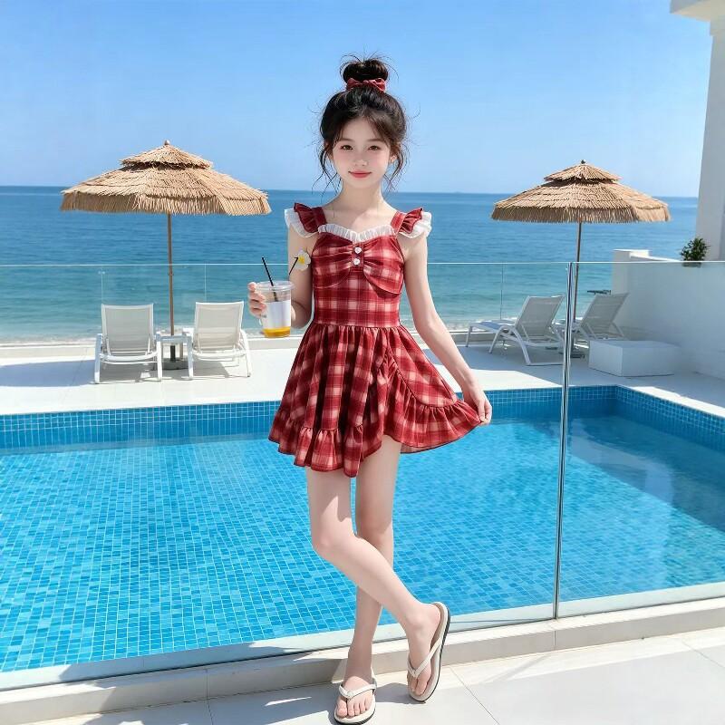 Girls Plaid One Piece Swimsuit With Skirt Summer Beach Vacation Swimwear For Big Kids