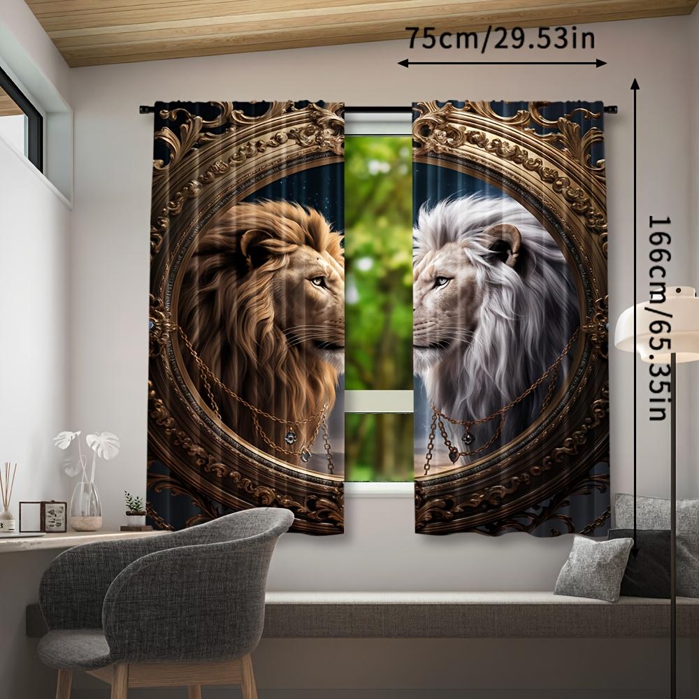 2Pcs Lion-Themed Blackout Curta, Woven Polyester Pongee, Semi-Sheer Contemporary Style Drapes, Machine Washable, With Rod Poc
