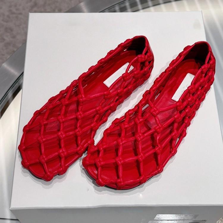Fårskinnsversion~ Fransvävt mesh ihålig platt botten rund tå sommarsandaler mode grisbursskor röd