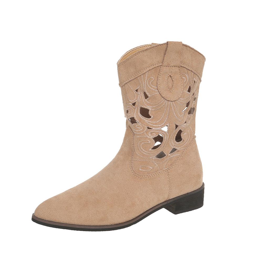 Autumn hollow pointed western cowboy boots ethnic style retro boots versatile thick heel embroidery breathable thin short boots