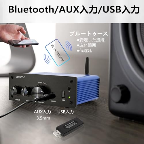 200W Power Amplifier with Bluetooth, Optical Input, Coaxial Input, USB Input, AUX Input, Remote Control, Treble and Bass, and AUX Output, Speaker Powe