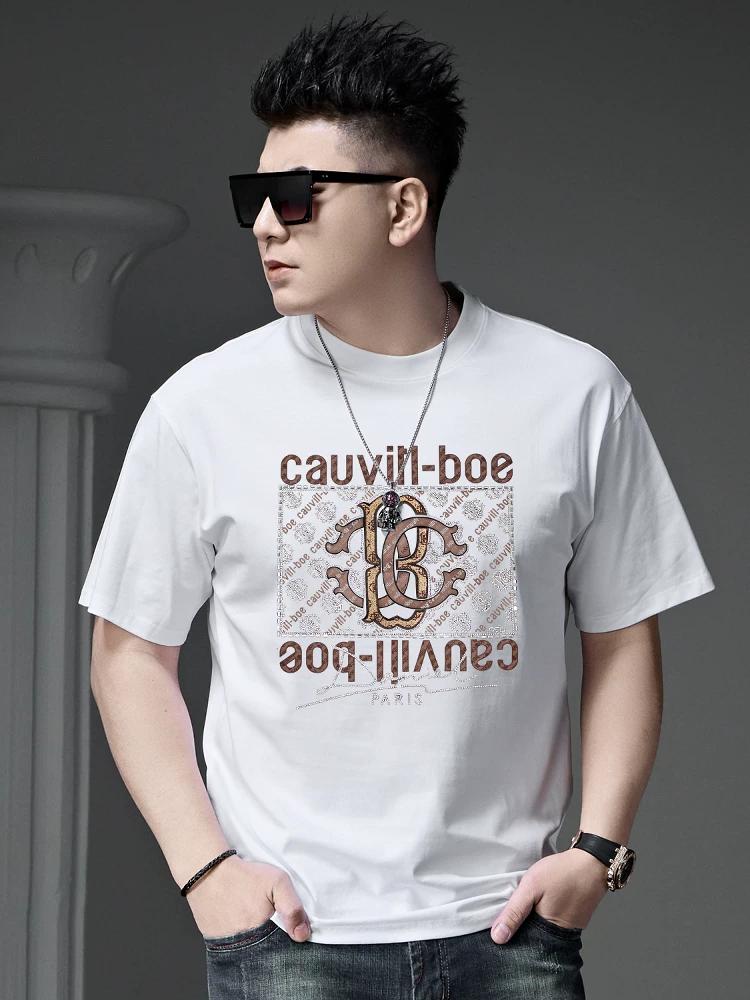 European Goods 2025 Summer New Men's round Neck Letter Print Hot Drilling Short sleeve T-shirt Fashion Brand Loose Half Sleeve Top