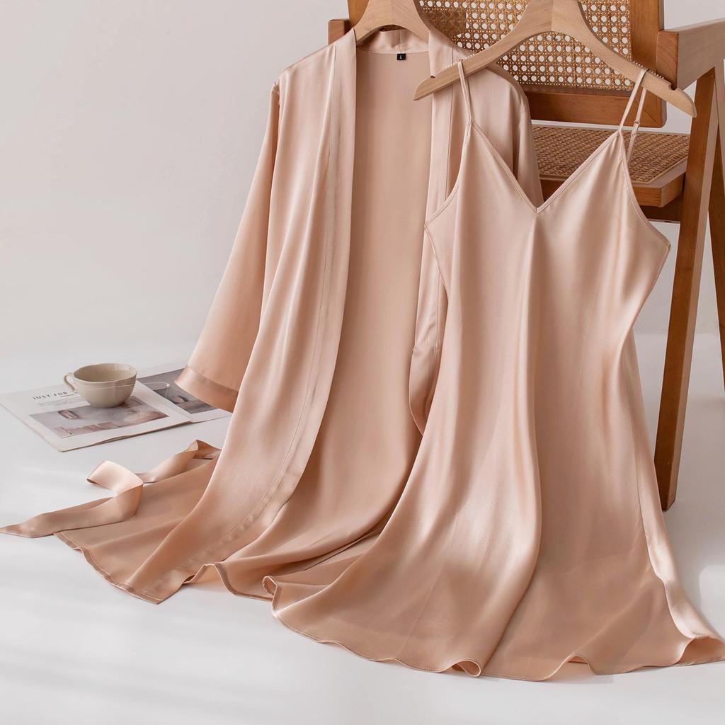 Elegant French Mulberry Silk Camisole & Robe Set for Wedding Morning