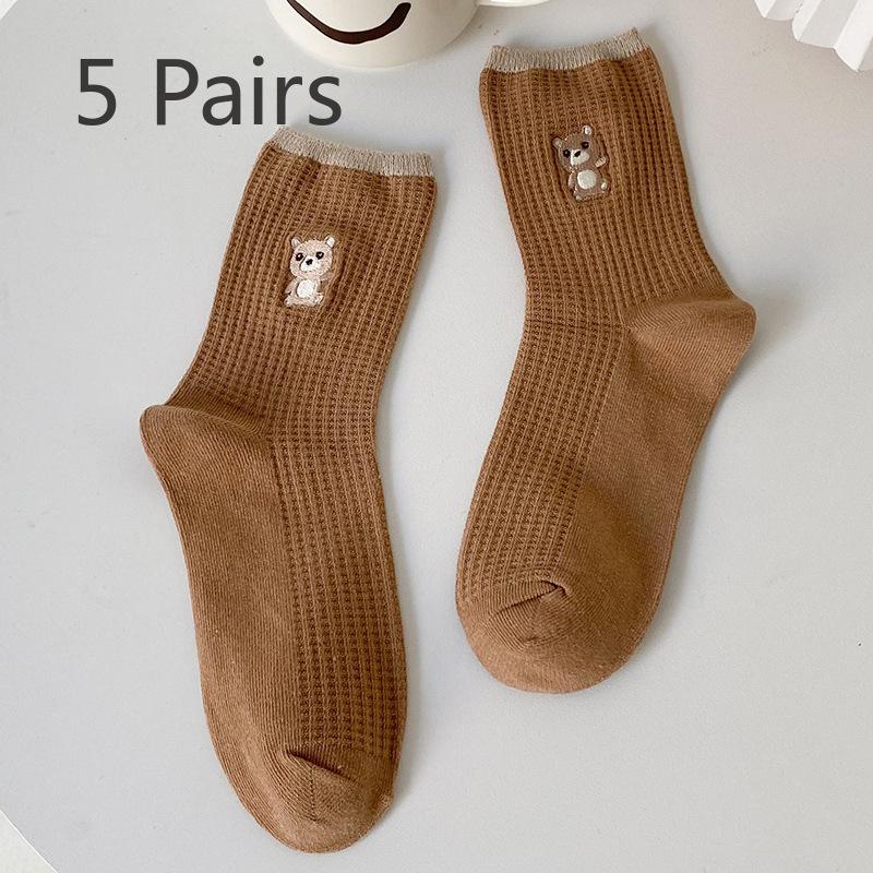 

5 пар новых милых женских носков до середины голени с изображением мультяшного медведя на осень и зиму 5 Pairs хаки