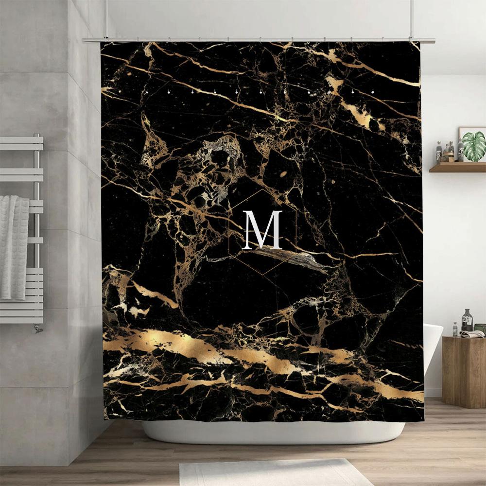 Luxury Golden Marble Shower Curtain with Initial: Bathroom Decor, Custom Size Available Modern Home Accessories for Bathtub Spa