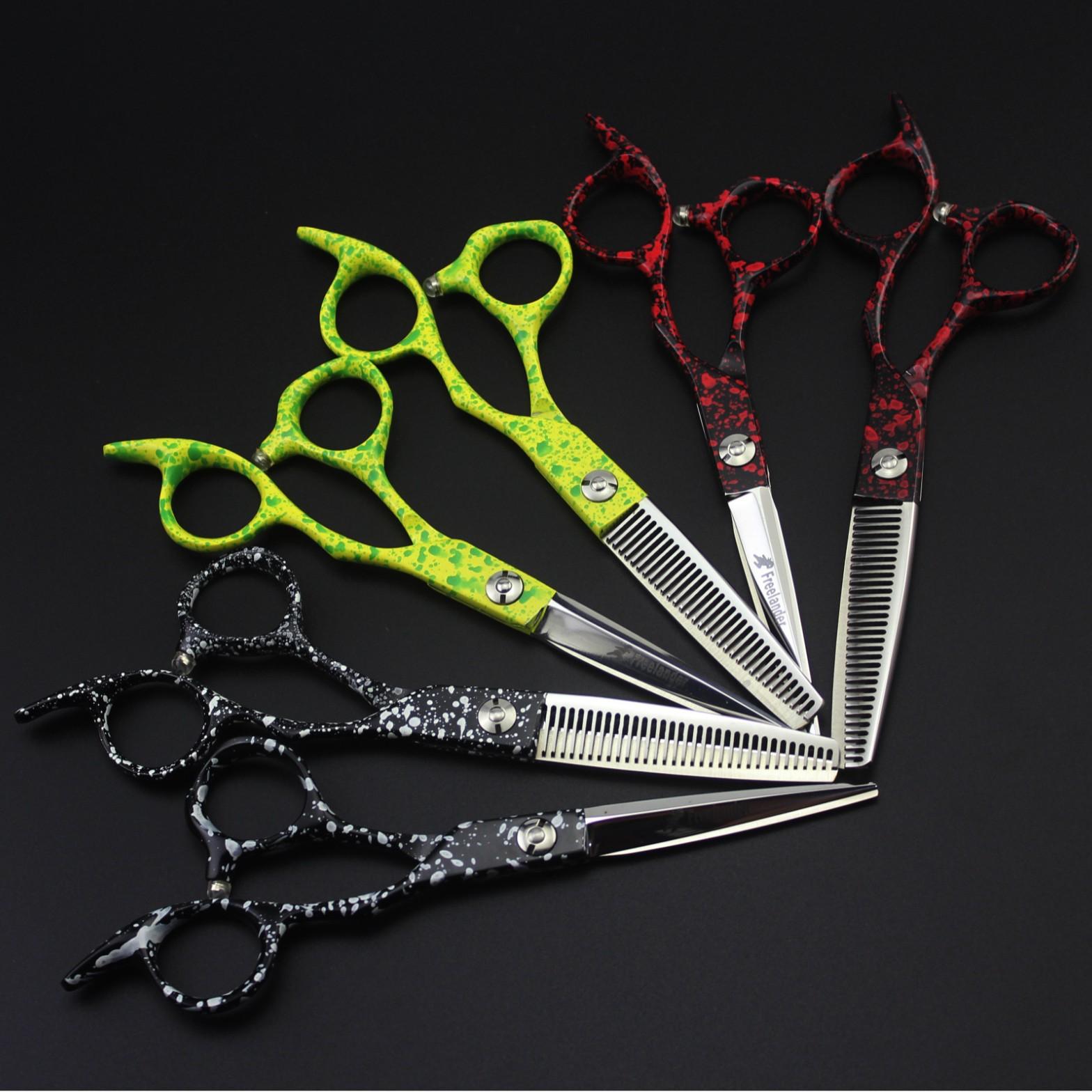 6.0 inch color handle Freelander, hair scissors, hair scissors, flat scissors, bangs scissors, tooth scissors black and red handle flat scissors