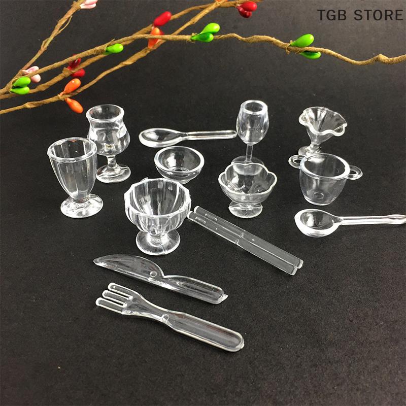 13Pcs/Set Mini Plastic Transparent Drink Cups Dish Plate Tableware Miniatures Kitchenware Toy  DIY Pretend Play Toy