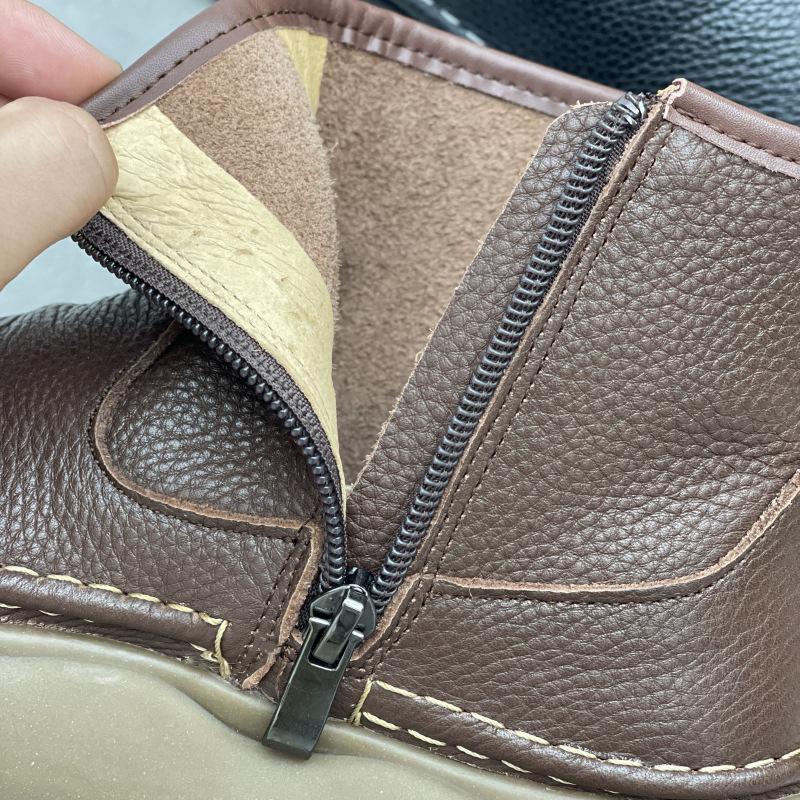 Johnature Ekte skinn Ankelstøvletter med myk såle Retro Rund tå Glidelås på siden Kvinners Flate Korte Støvletter