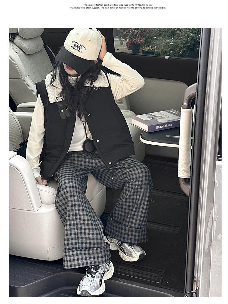 Ensemble Gilet en Coton d'Hiver 2025 pour Filles et Pantalon à Carreaux Doublé Polaire