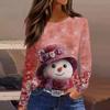 Women's Fashion Casual Slit Hem Round Neck Long Sleeve Loose Printed T-Shirt Ladies Top Christmas