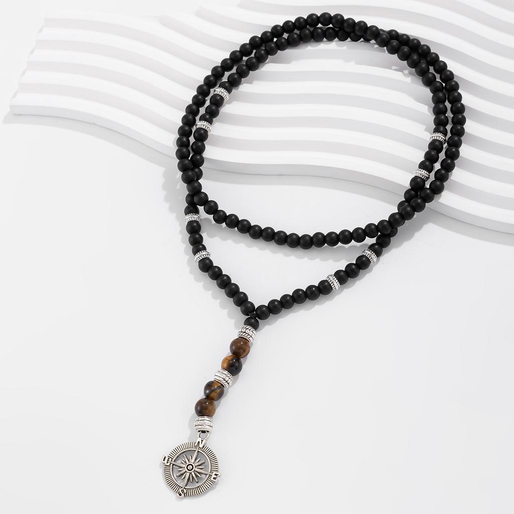 Long Beaded Tiger Stone Necklace for Men Hip Hop Niche High-end Compass Pendant Accessory