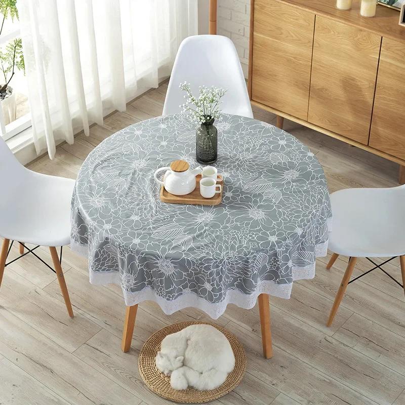 Pvc Hotel Waterproof Tablecloth Printed Oil Resistant Large Circular Table Cloth Hotel Plastic Round Table Cover With Lace Hem
