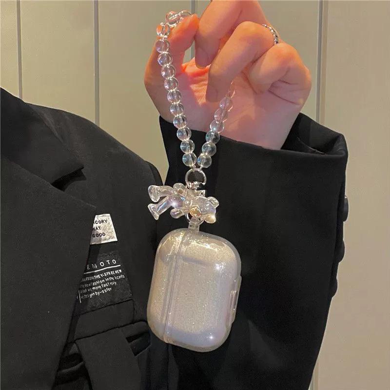 Glitter Transparent Anti-drop Bluetooth Headset Case for Apple AirPods 1 /1 Generation Bear Crystal Pendant Pro/1
