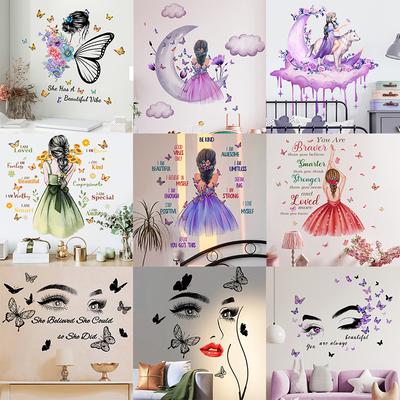 One Meter Wall Sticker Girl Butterfly English Wall Sticker Background Wall Room Decoration Wall Sticker Self-adhesive Wall Sticker Painting