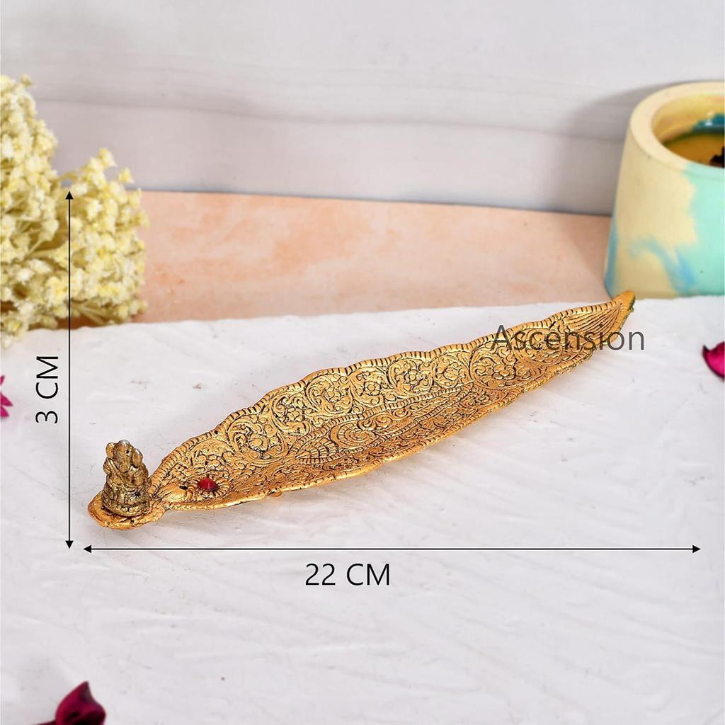 ascension Agarbatti Holder Gold Plated Leaf Pattern with Small Ganesh for Home, Office,