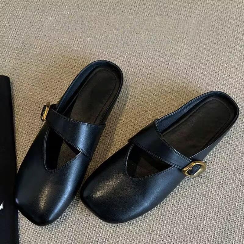 Fashion Retro Flat Baotou Half Slippers Women's Summer New Square Toe Shallow Mouth Metal One-word Buckle One-foot Slip-on Sandals