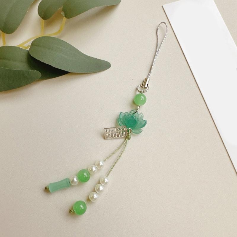 Lotuses Flower Phone Charm Ancient Style Keychain Pendant with Acrylic Beads Handmade Beaded Cellphone Lanyard