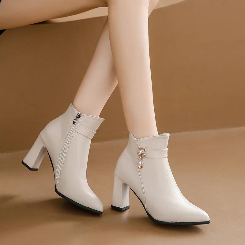 Fashion Fashion Women Short Boots Autumn and Winter New Pointed Side Zipper High Heel Ankle Boots Botines De Mujer Ladies Leather Boots