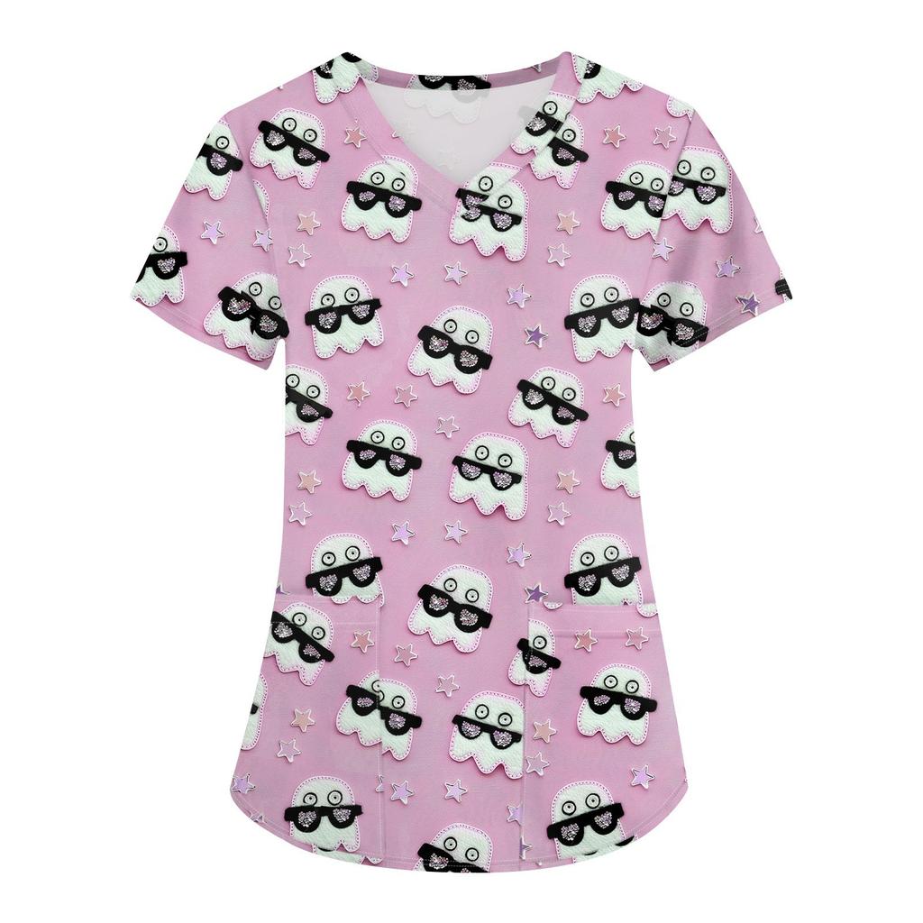 Damen Halloween Print Uniform Arbeitsuniform V-Ausschnitt Tasche Schutz Arbeitsuniform