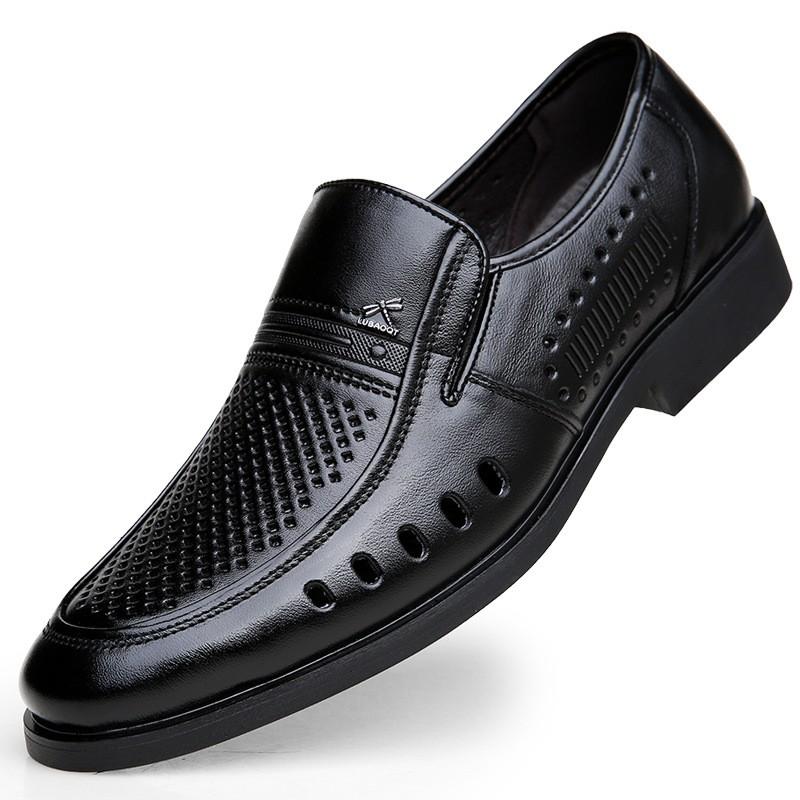 Mens Genuine Leather Breathable Dress Sandals Slip-On Business Casual Shoes With Rubber Sole