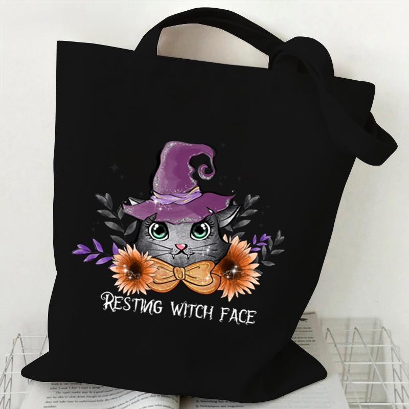Cat Tote Bag Gothic Black Cat Shopper Halloween Party Gift Shopping Bag Spooky Seasonal Fun Animal Women's Tote Bag