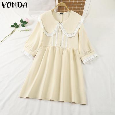 Women Casual Doll Collar Lace Patchwork Long Sleeve Dresses