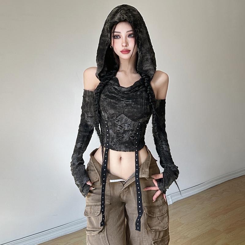 Y2K Spicy Off-Shoulder Slimming Hoodie: Women's Versatile Long-Sleeve Black Top for Autumn/Winter